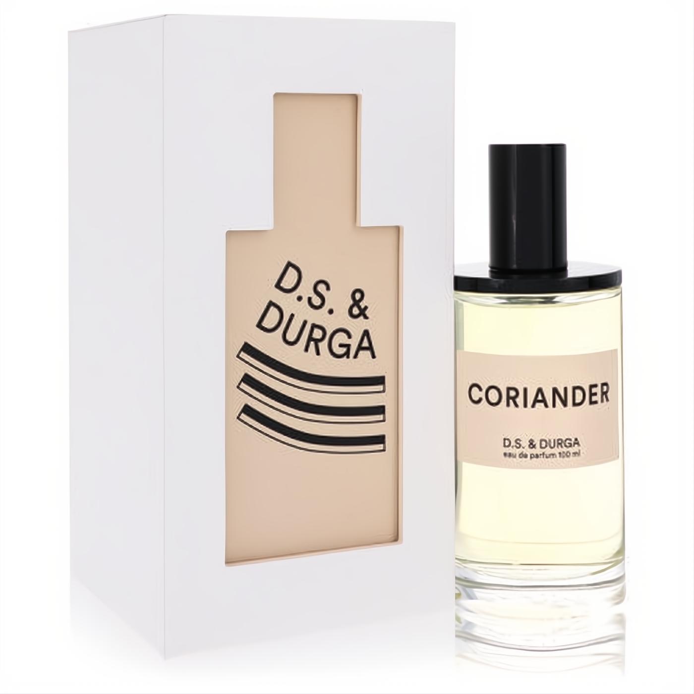 D.S. & Durga Coriander 100ml Eau De Parfum. Chic clear glass bottle with pale yellow liquid, black cap, and elegant white box.