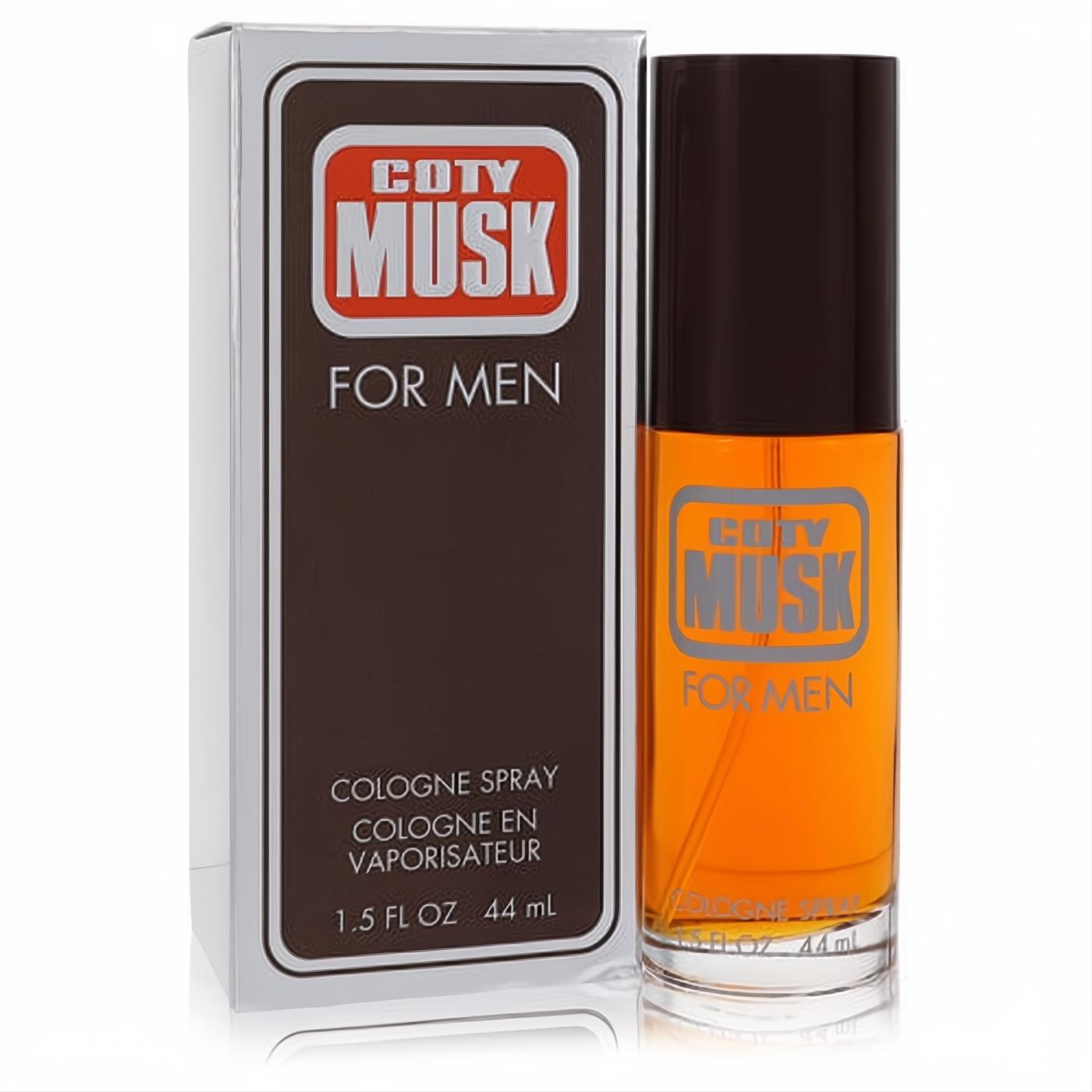 Coty Musk for Men 1.5 oz cologne spray. Features warm amber liquid in a sleek glass bottle, presented with its iconic brown and white box.