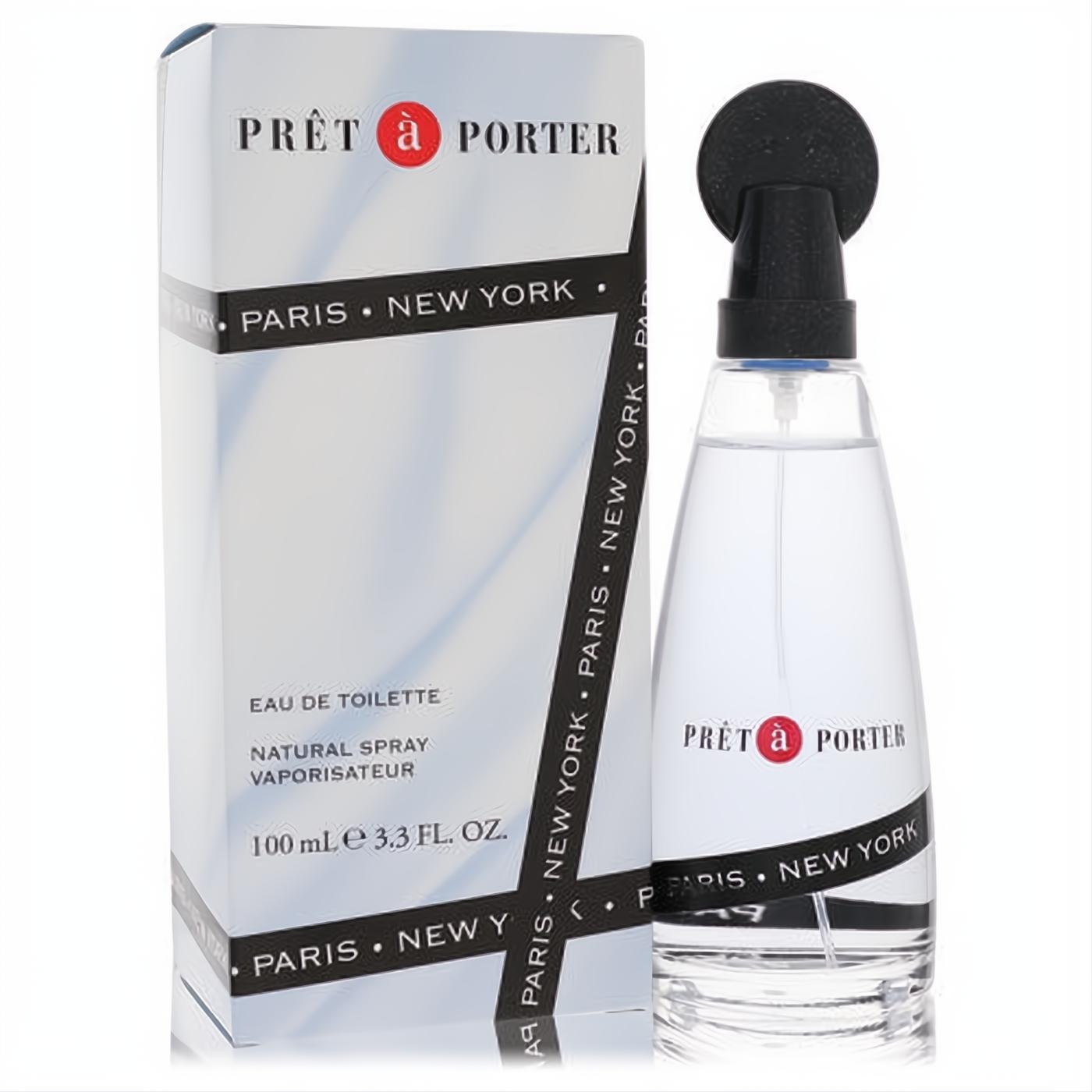 Coty Pret A Porter 3.3 oz Eau De Toilette. Elegant clear glass bottle with black spray top and "Paris New York" band, next to its sleek white box.