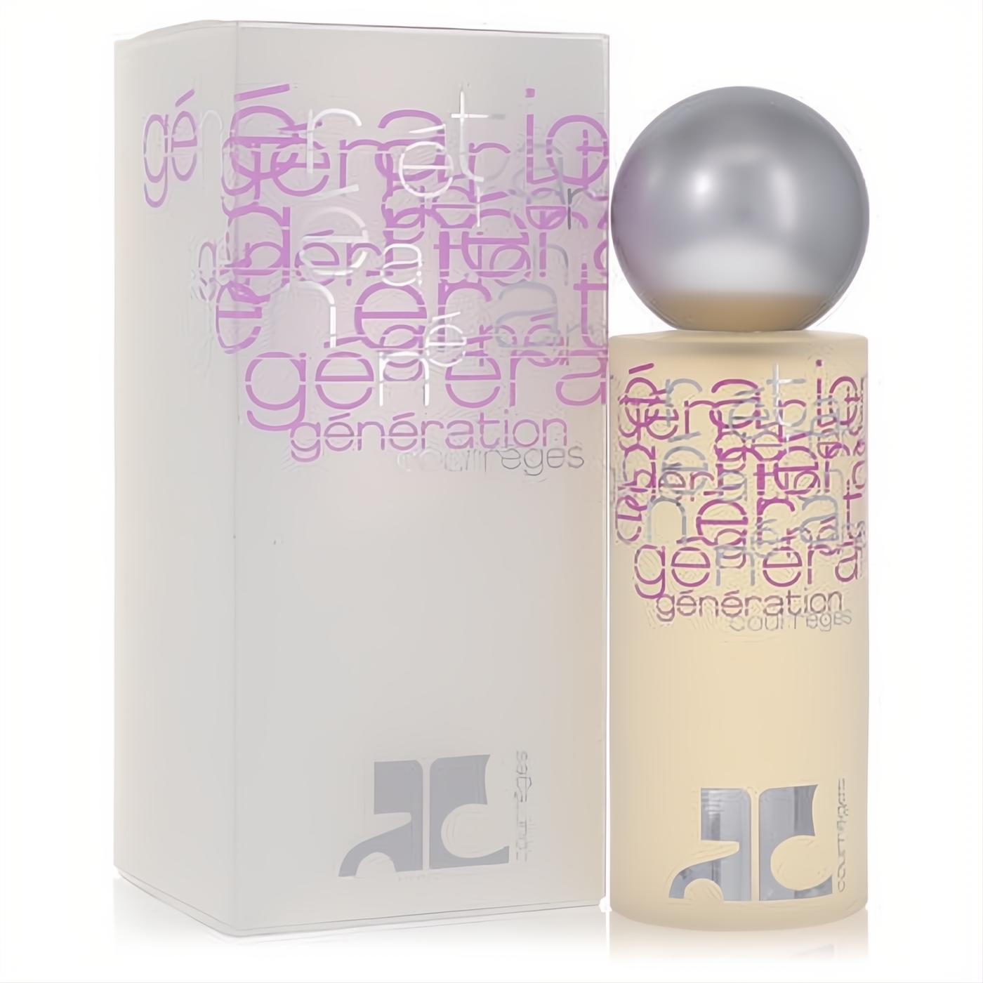 Courreges Generation 3.4 oz EDT. Elegant frosted cream bottle with a sleek silver cap and signature purple text design.