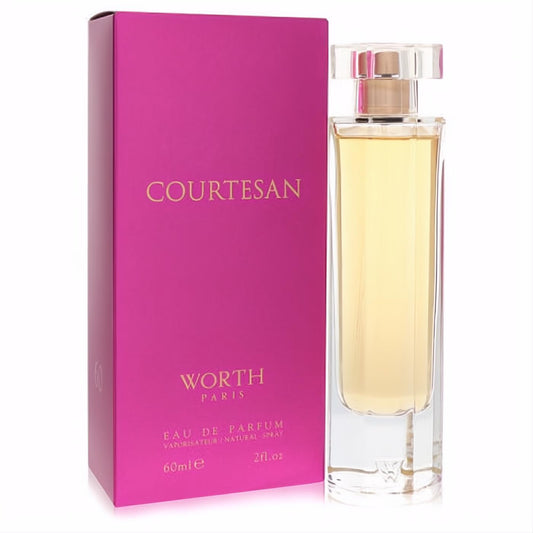 Captivating Courtesan by Worth 2 oz women's Eau de Parfum. Clear glass bottle with golden liquid, beside a fuchsia box with gold text.