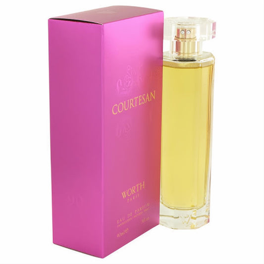 Courtesan by Worth 3 oz Eau De Parfum spray in a vibrant pink box and elegant clear glass bottle with golden liquid.