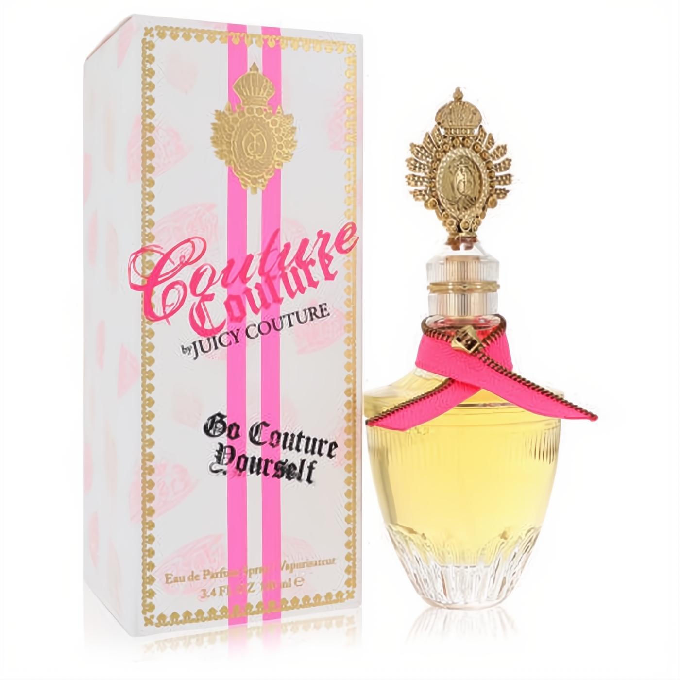 Stunning Juicy Couture Couture Couture 3.4 oz EDP for women. Features a regal gold crown cap, chic pink zipper ribbon, and elegant box.