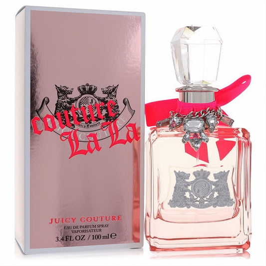 Luxurious Couture La La by Juicy Couture 3.4 oz EDP spray. Pink bottle with faceted crystal cap, vibrant pink ribbon, and silver charms.