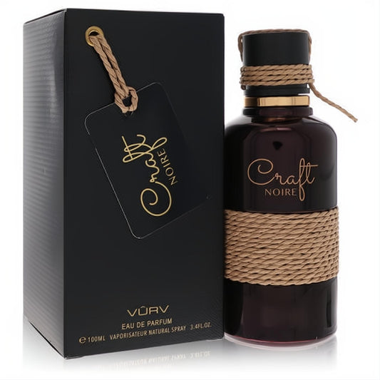 Craft Noire by Vurv 3.4 oz men's EDP: dark glass bottle with gold script, natural rope, and elegant black box.