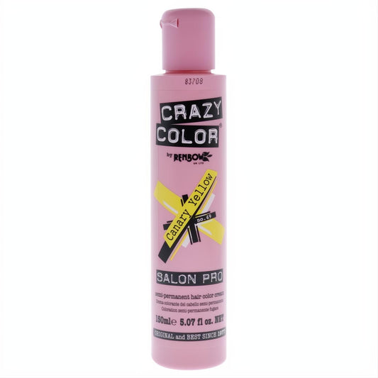 Crazy Color Salon Pro 5.07 oz semi-permanent hair dye. Pink bottle with a vibrant "Canary Yellow" label, ready for bold color.