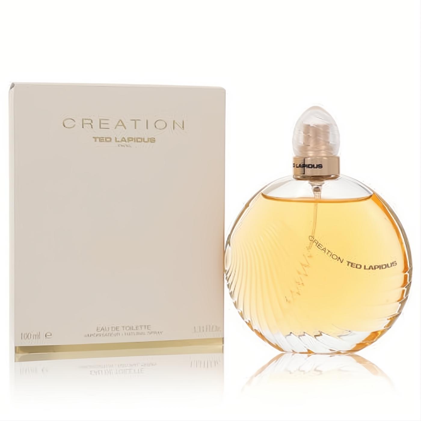 Luxurious Creation Ted Lapidus 3.4 oz EDT for women. Features a captivating golden fragrance in a textured glass bottle and elegant cream box.