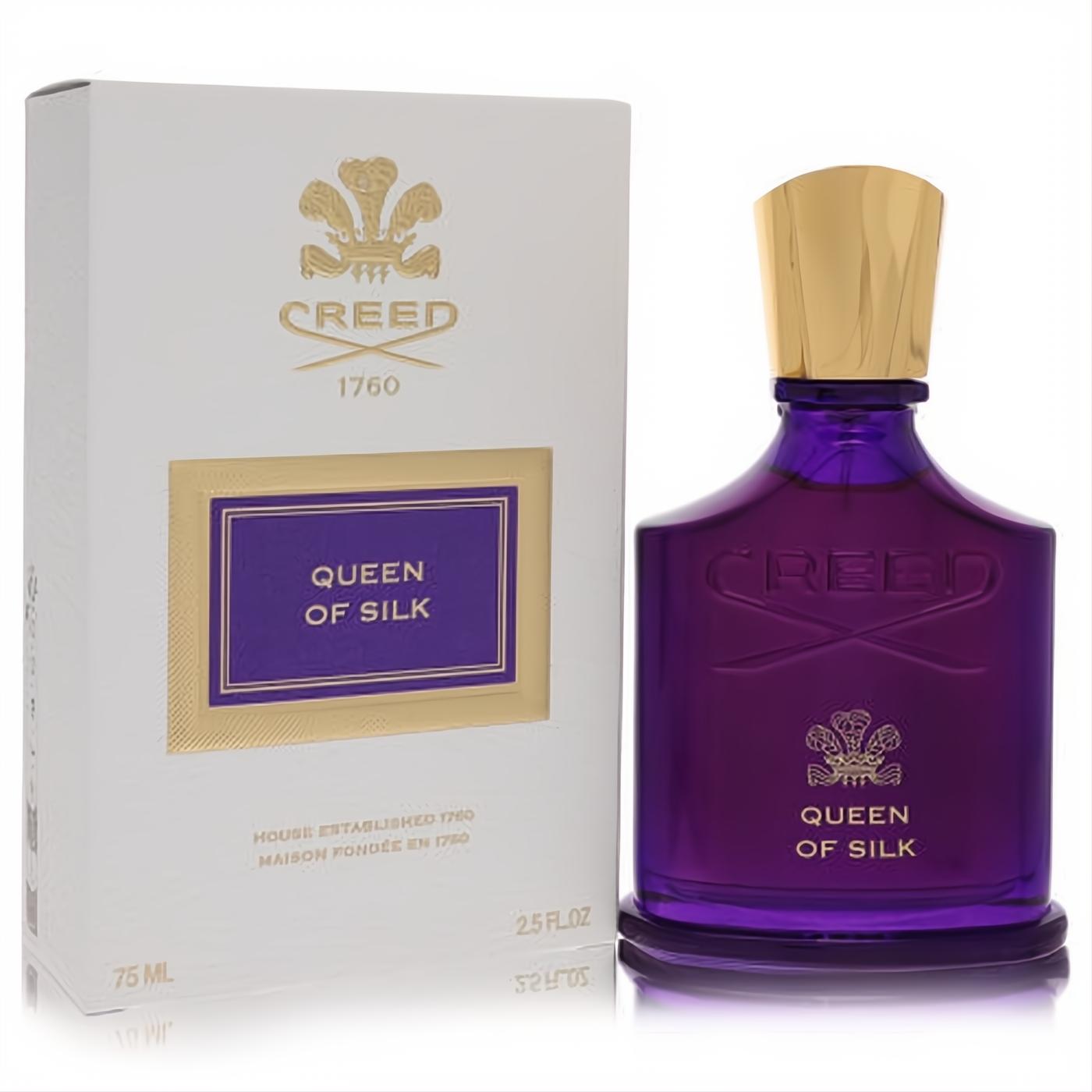 Creed Queen Of Silk 2.5 oz EDP. Vibrant purple bottle with elegant gold cap and matching sophisticated white box.