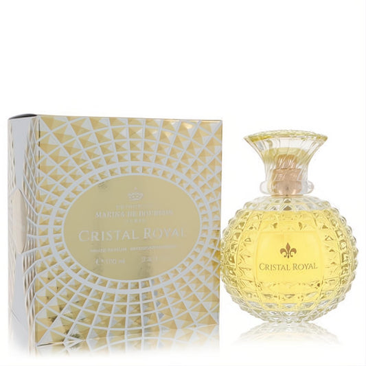 Luxurious Cristal Royal by Marina De Bourbon women's perfume. Gold textured box and faceted glass bottle with golden liquid.