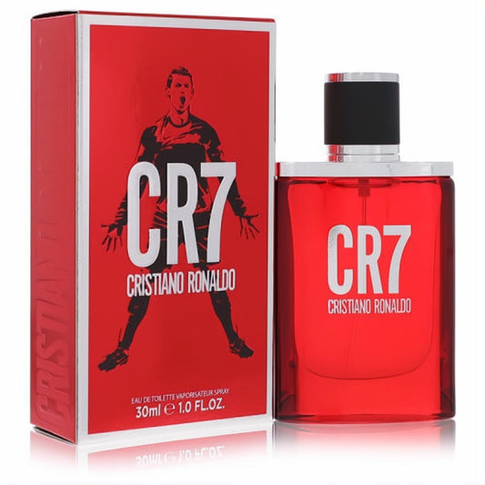 Bold red Cristiano Ronaldo CR7 1.0 oz Eau De Toilette for men. Sleek glass bottle and dynamic packaging with Ronaldo's image.