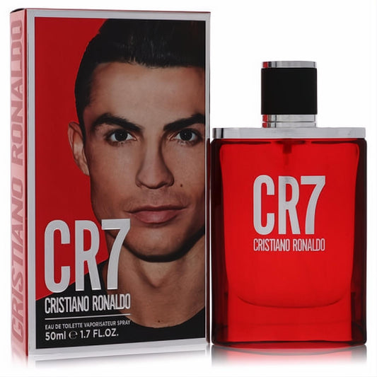 Bold red CR7 Cristiano Ronaldo 1.7 oz Eau De Toilette spray bottle with sleek silver trim and black cap, next to its box featuring Ronaldo.