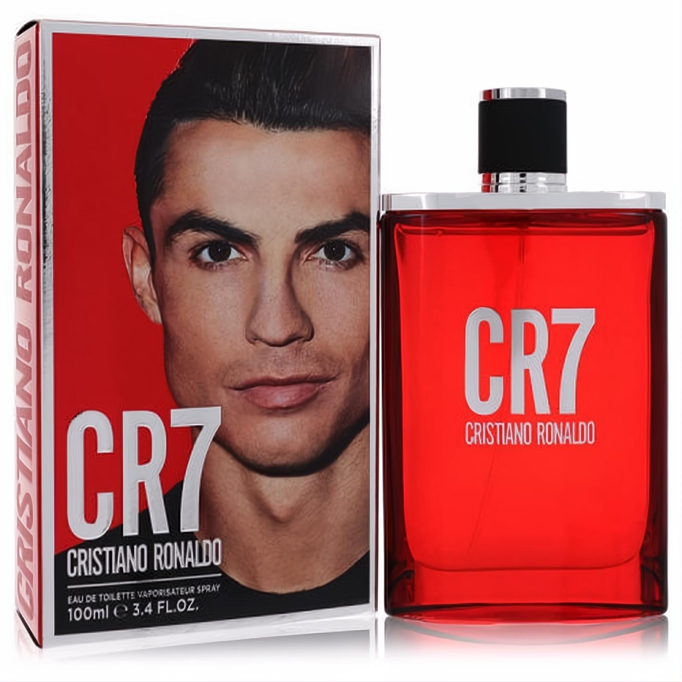 Striking red CR7 by Cristiano Ronaldo 3.4 oz Eau De Toilette for men. Sleek bottle and vibrant box featuring Ronaldo.
