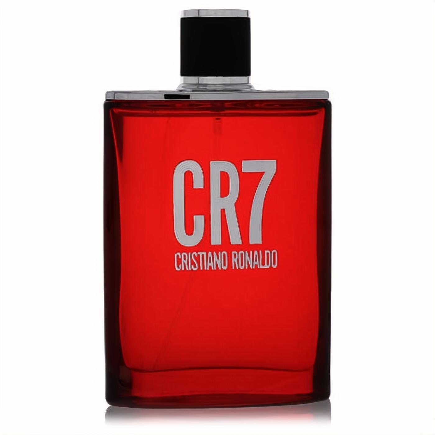 Vibrant red CR7 Cristiano Ronaldo men's Eau De Toilette spray bottle, sleek design with bold silver logo.