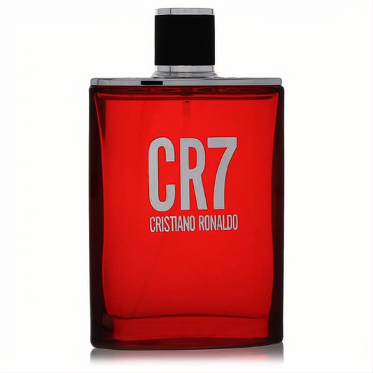 Vibrant red CR7 Cristiano Ronaldo men's Eau De Toilette spray bottle, sleek design with bold silver logo.