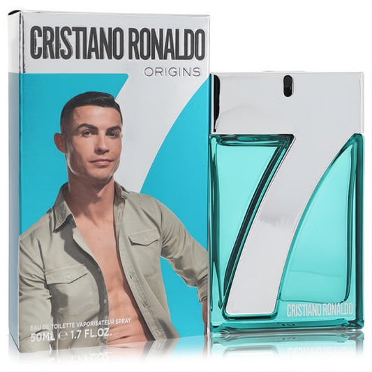 Elevate your scent with CR7 Origins 1.7 oz EDT. A vibrant blue bottle with a sleek silver '7' design, presented with its iconic box.