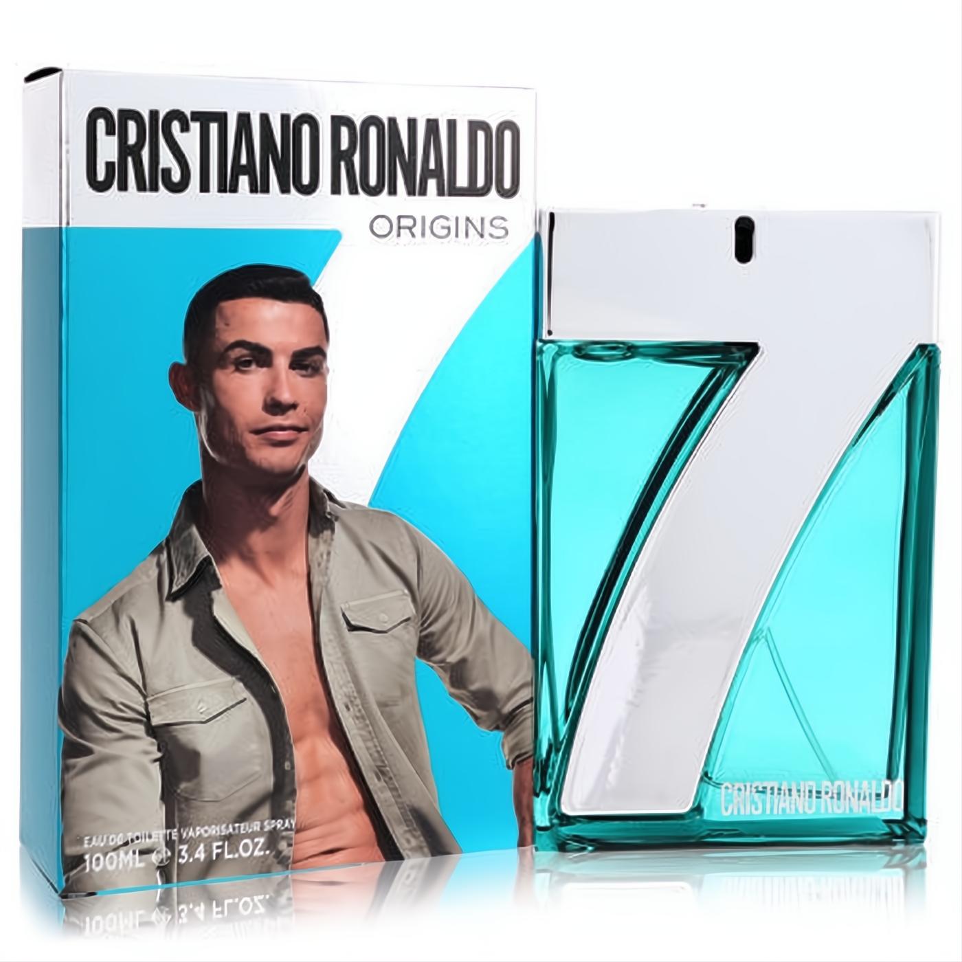 Elevate your style with Cristiano Ronaldo CR7 Origins 3.4 oz EDT. Teal bottle, silver '7' design, and box with Ronaldo's image.