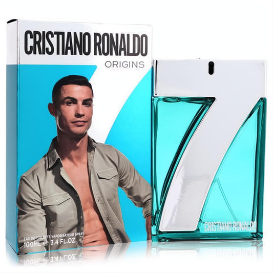 Elevate your style with Cristiano Ronaldo CR7 Origins 3.4 oz EDT. Teal bottle, silver '7' design, and box with Ronaldo's image.