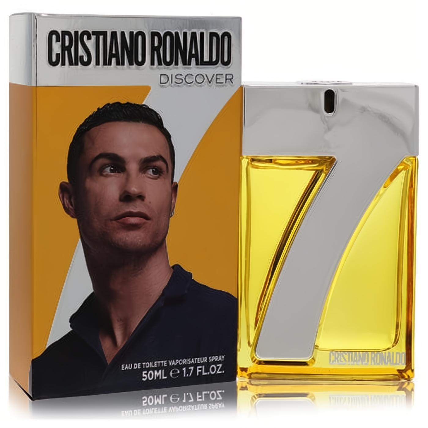 Experience Cristiano Ronaldo Discover men's cologne. Vibrant yellow 1.7 oz bottle with sleek silver '7' design and matching box.