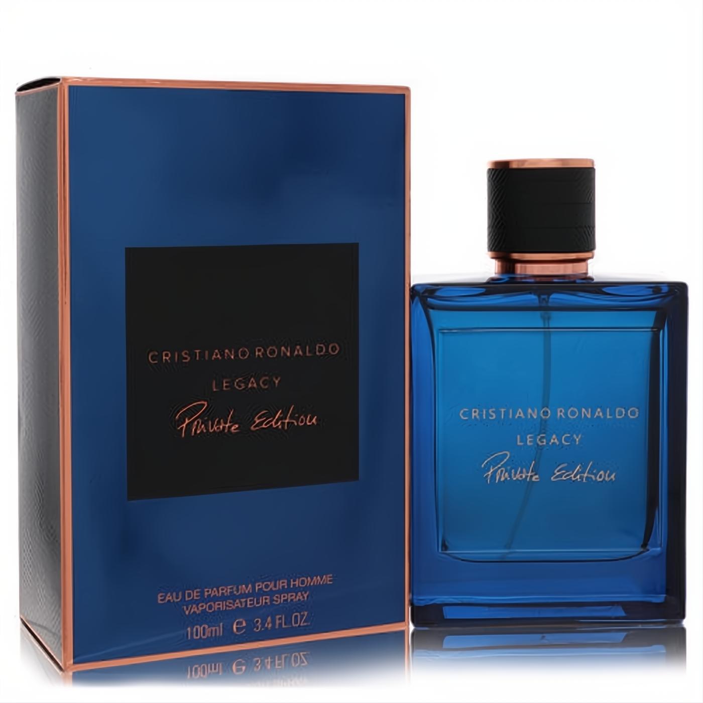 Masculine Cristiano Ronaldo Legacy Private Edition 3.4 oz EDP. Sleek dark blue glass bottle with a black and copper cap, matching box.