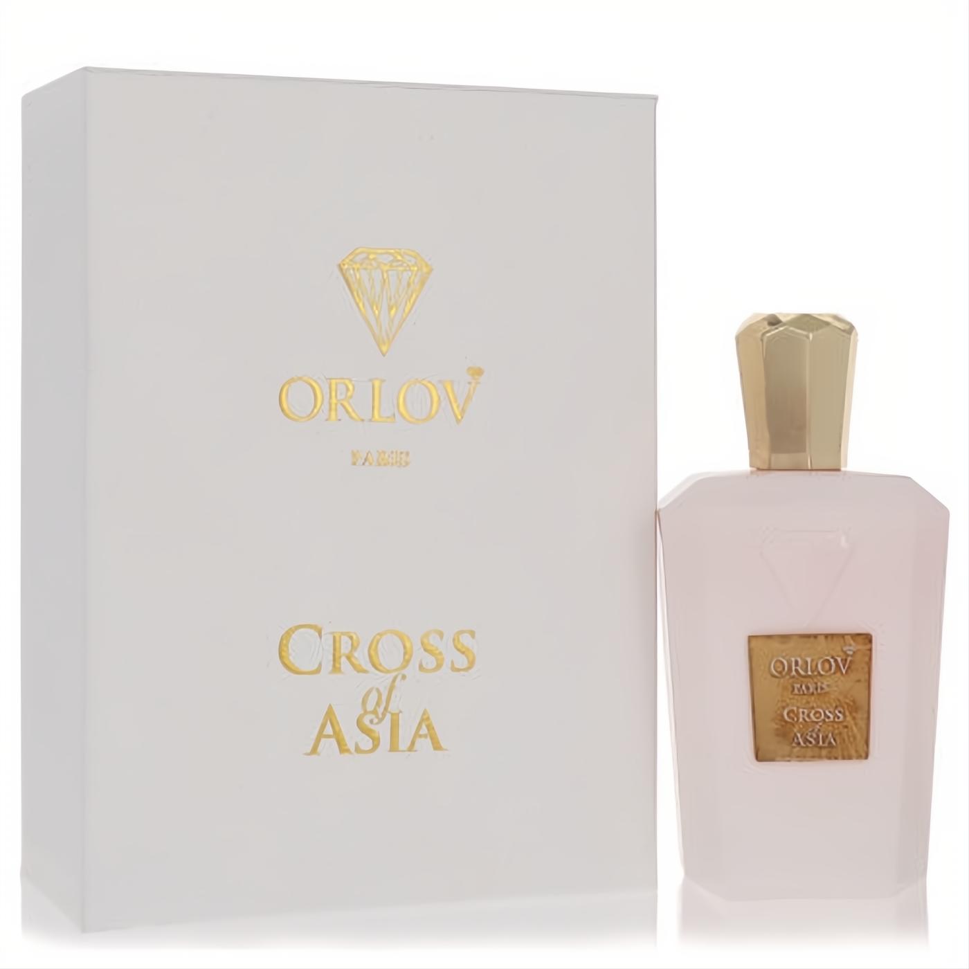 Luxurious Orlov Paris Cross of Asia perfume. Features an elegant light pink bottle with a gold faceted cap and matching white box with gold branding.