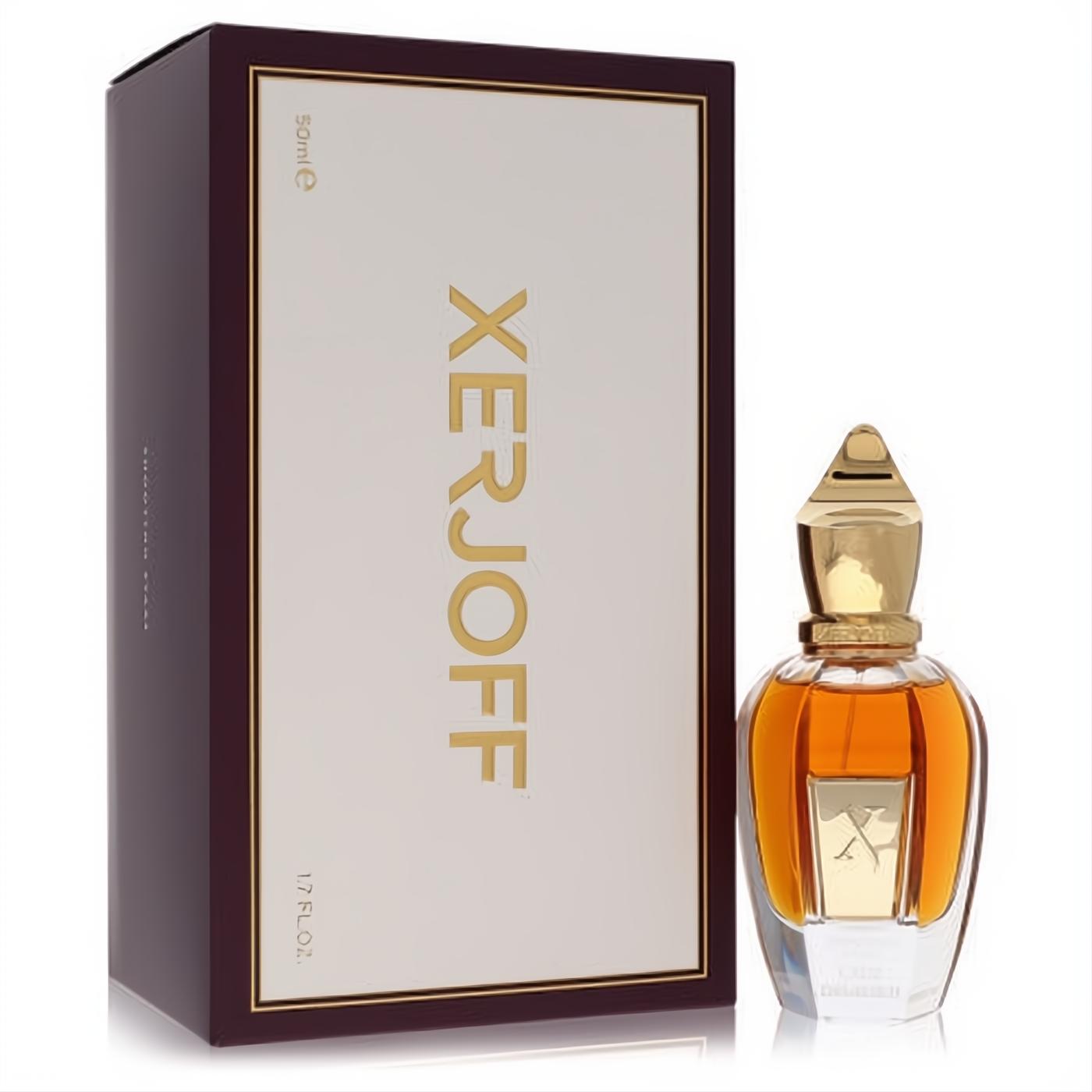 Xerjoff Cruz Del Sur II 1.7 oz unisex EDP. Clear bottle with rich amber liquid, ornate gold cap, and elegant cream & maroon box.