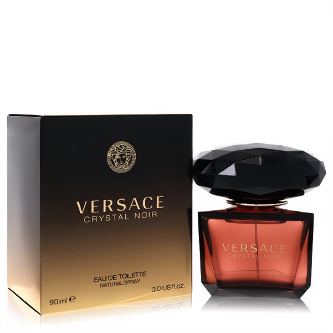Luxurious Versace Crystal Noir 3 oz EDT in a dark amber glass bottle with a striking faceted black cap and matching black-gold box.