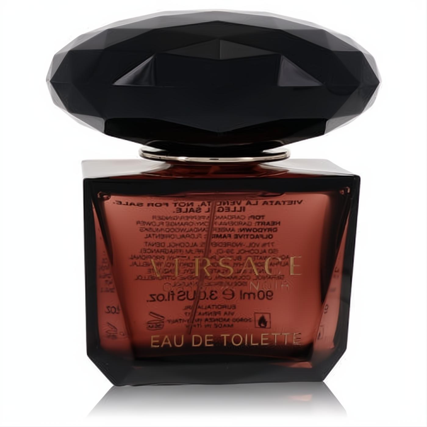 Versace Crystal Noir 3 oz Eau De Toilette. Elegant dark amber glass bottle with a striking faceted black gem cap.