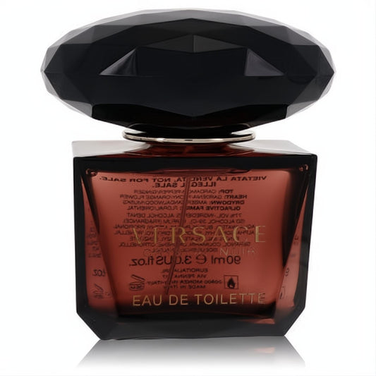 Versace Crystal Noir 3 oz Eau De Toilette. Elegant dark amber glass bottle with a striking faceted black gem cap.