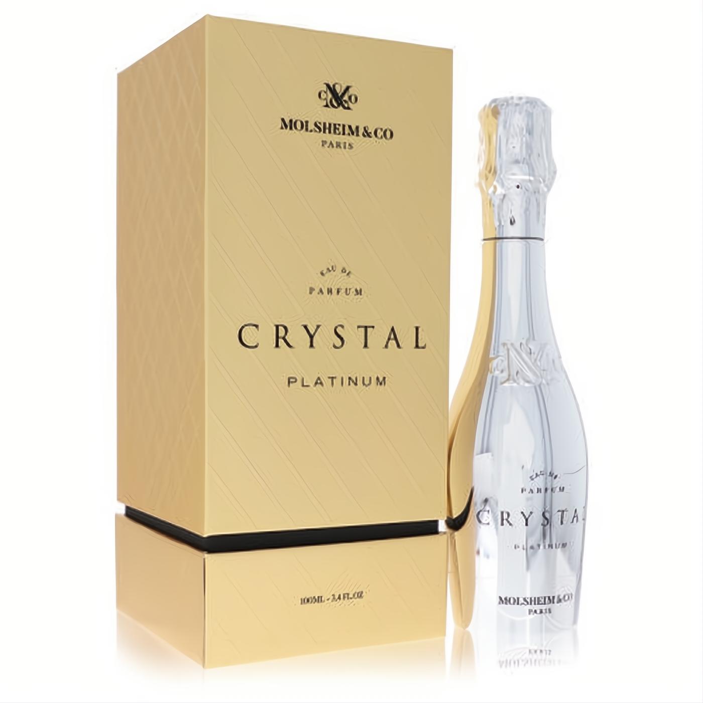 Elegant women's Crystal Platinum 3.4 oz Eau De Parfum. Luxurious gold box, iconic silver champagne bottle.