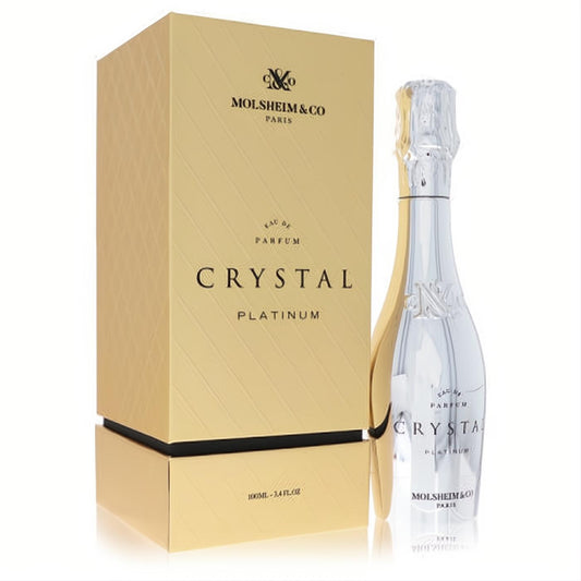 Elegant women's Crystal Platinum 3.4 oz Eau De Parfum. Luxurious gold box, iconic silver champagne bottle.