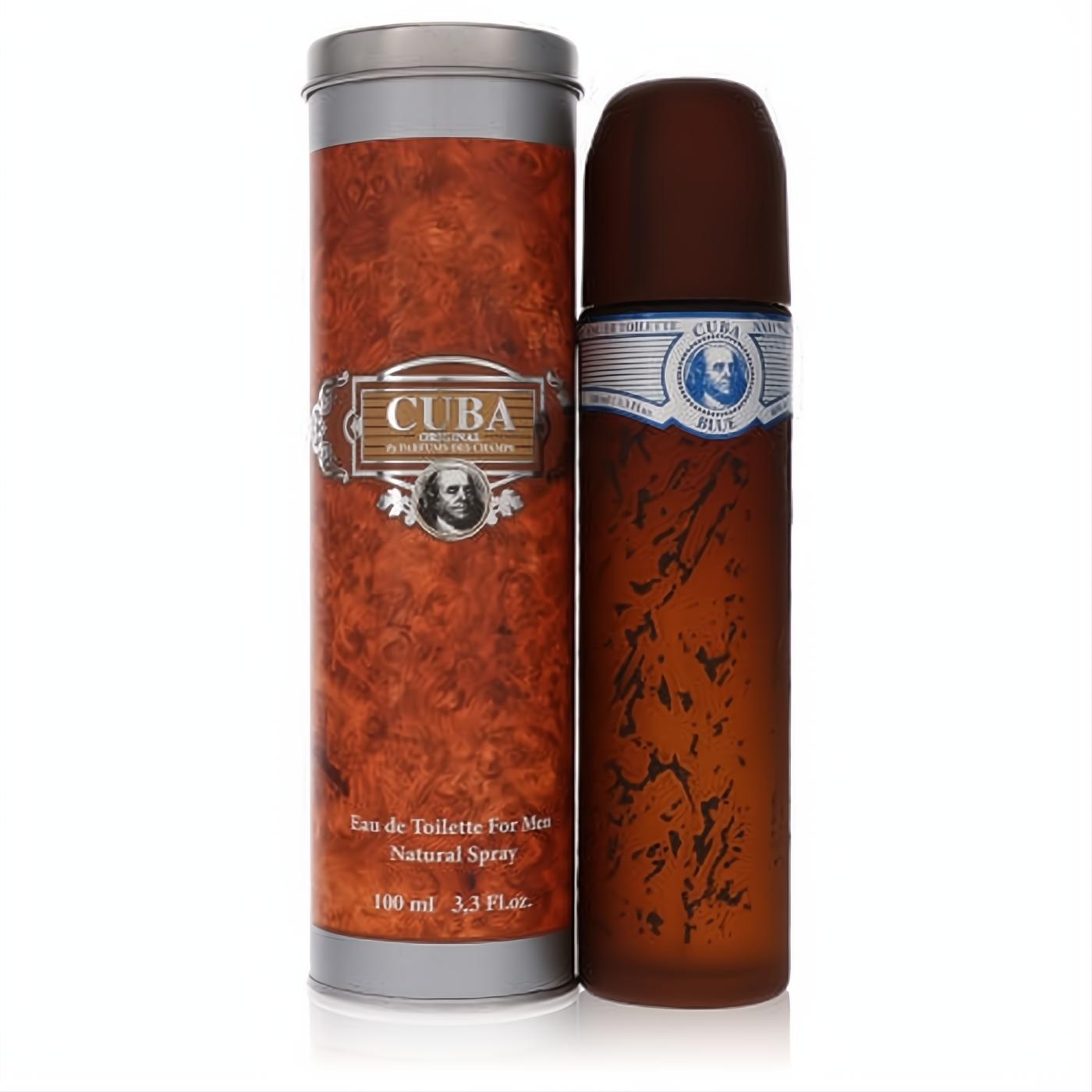 Distinctive Cuba Blue 3.4 oz men's Eau De Toilette spray in a brown wood-grain bottle and matching tin.