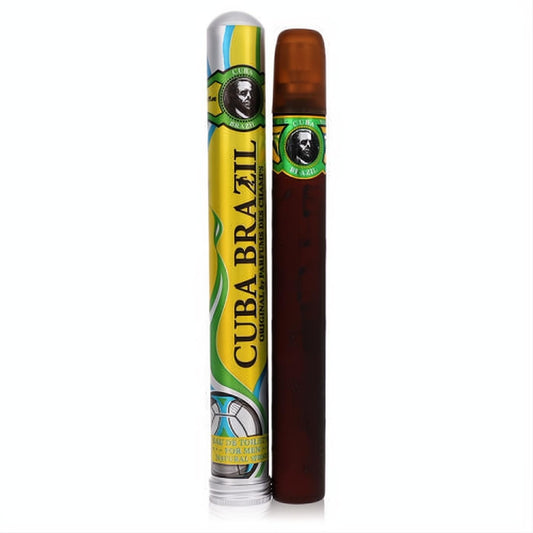 Experience Cuba Brazil EDT 1.17 oz for men. Bold cigar-shaped bottle and vibrant yellow packaging with iconic emblem.