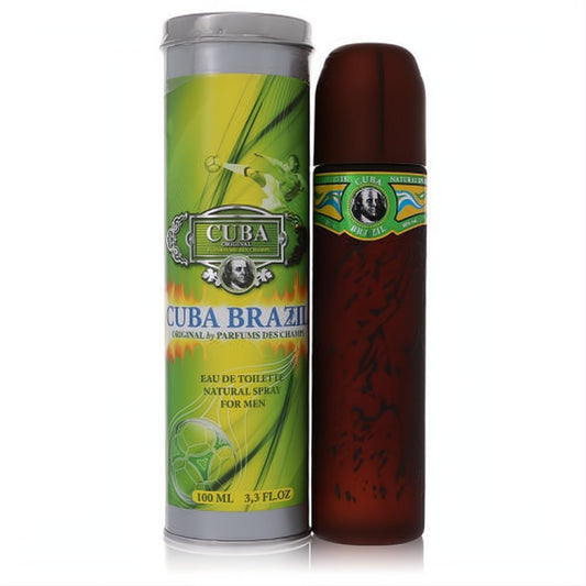 Bold Cuba Brazil by Fragluxe 3.4 oz men's EDT. Dark brown spray bottle with cigar-band label and vibrant green, silver cylindrical packaging.**