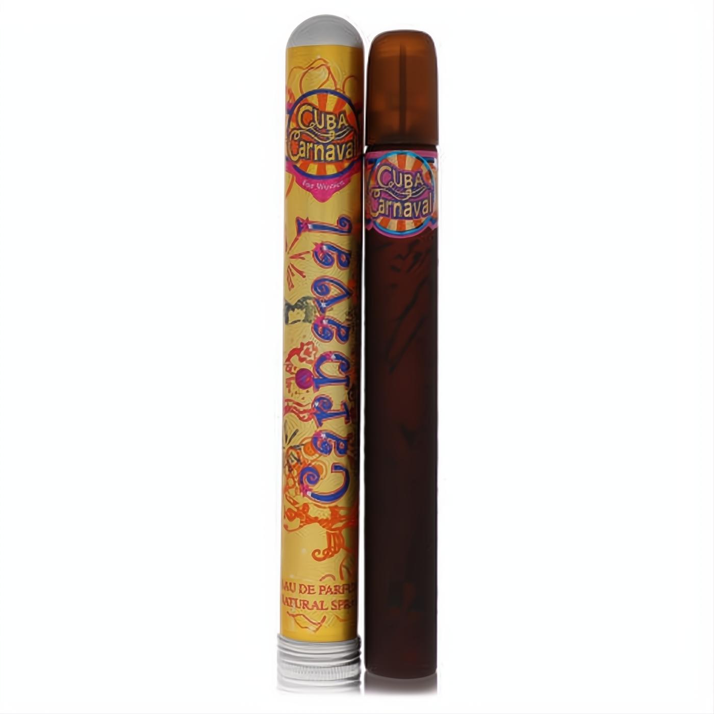 Experience Cuba Carnaval! Vibrant yellow tube holds a sleek 1.17 oz dark brown cigar-shaped women's Eau de Parfum spray.