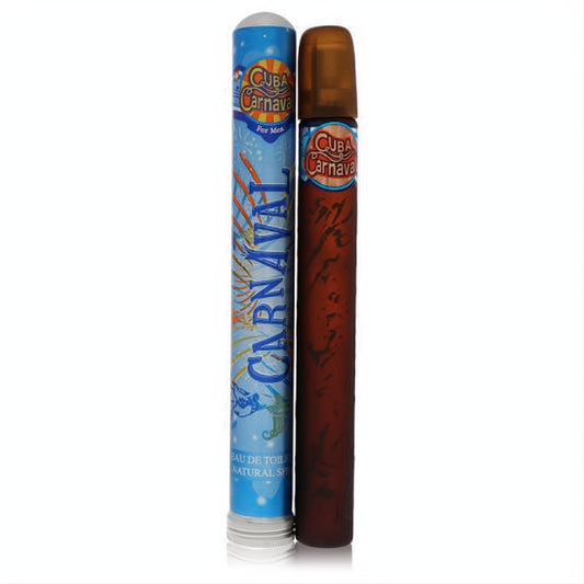 Cuba Carnaval 1.17 oz men's Eau De Toilette spray, featuring a bold cigar-shaped brown bottle and vibrant blue tropical packaging.