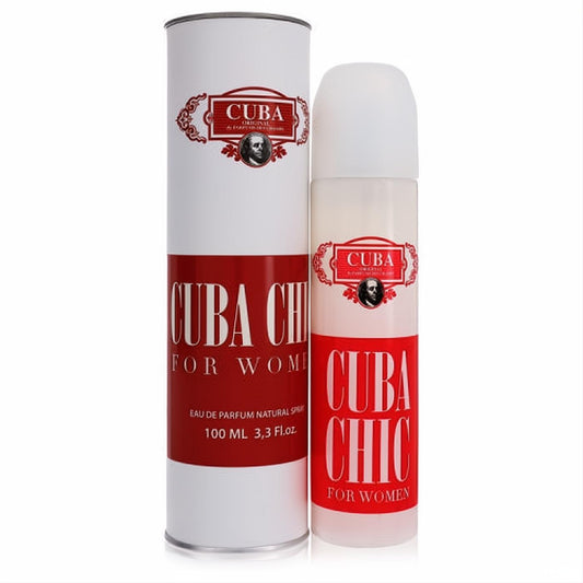Elegant Cuba Chic 3.3 oz Eau De Parfum for Women, in a sleek white bottle with a vibrant red label and matching cylindrical packaging.