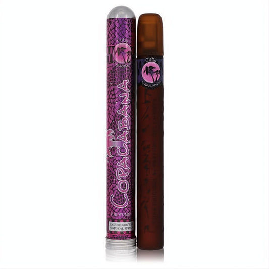 Cuba Copacabana 1.17 oz women's perfume: unique dark brown cigar-shaped bottle, vibrant purple textured tube with palm logo.