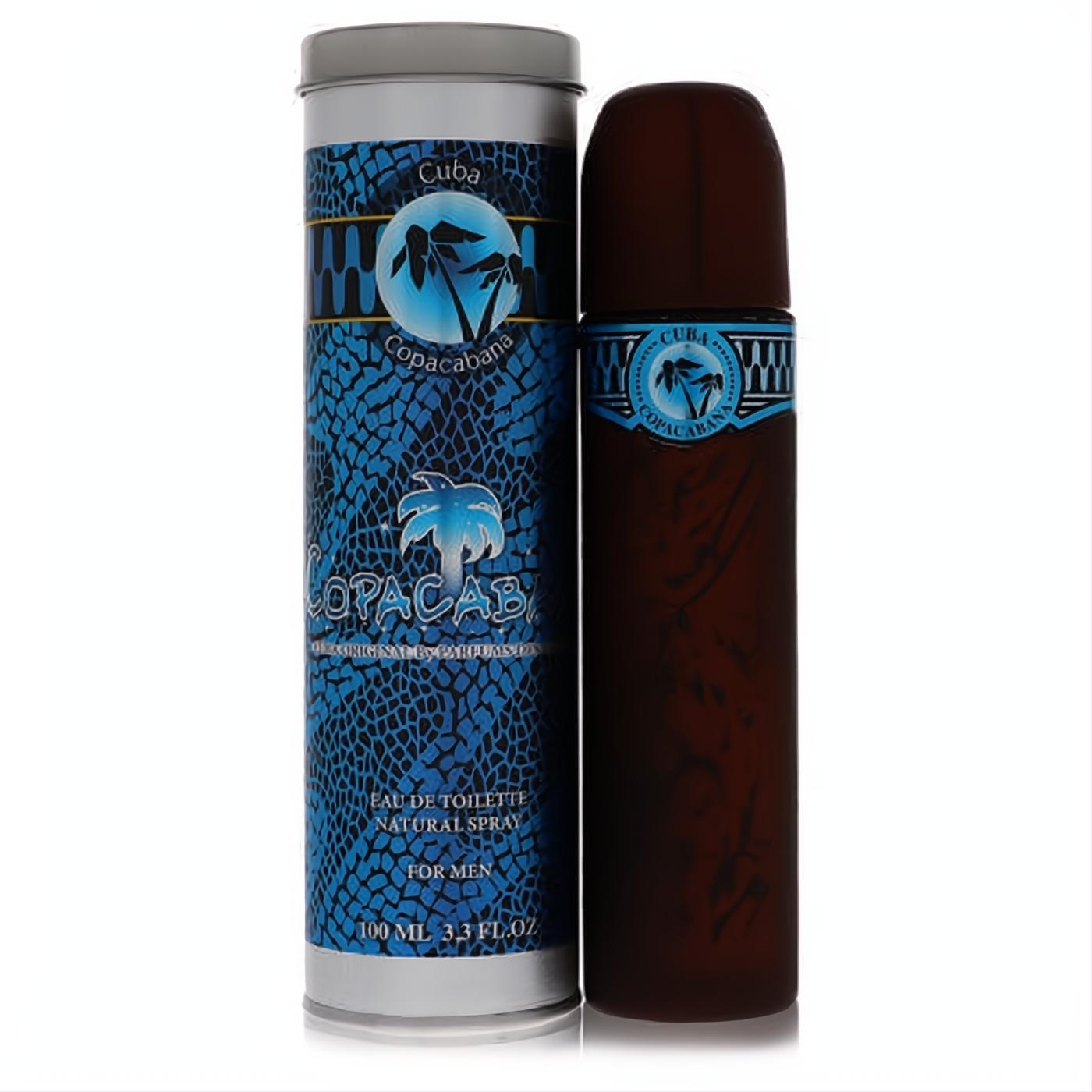 Cuba Copacabana 3.4 oz men's EDT spray. Distinctive brown cigar-shaped bottle and vibrant blue tropical tin packaging.