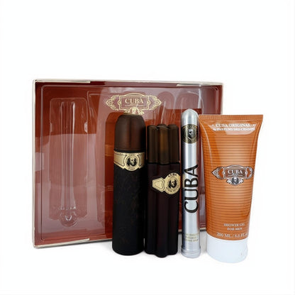 Complete Cuba Gold men's fragrance gift set: two dark brown, one silver cigar-shaped bottles, and an orange shower gel.