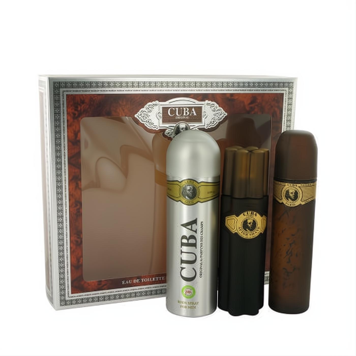 Luxurious Cuba Gold men's gift set: silver body spray, two dark brown cigar-shaped fragrance bottles in an elegant box.