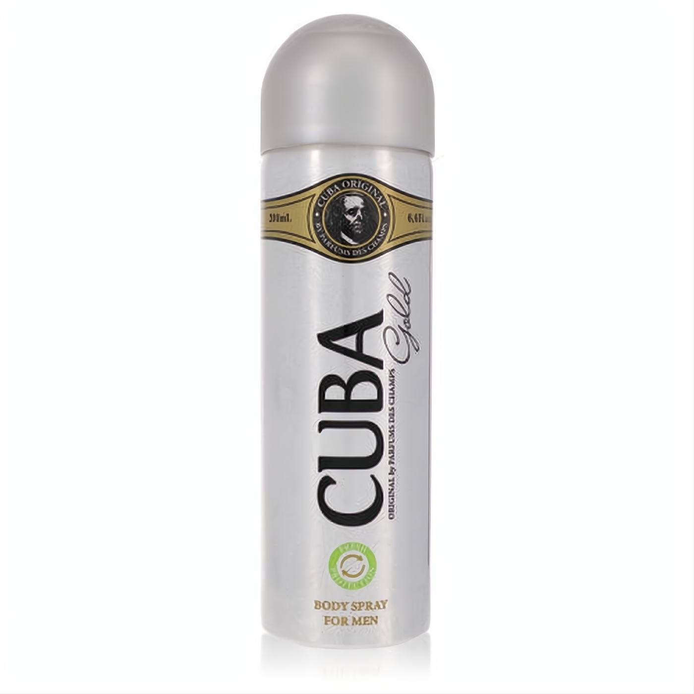 Cuba Gold men's 6.7 oz deodorant spray. Sleek silver can with bold black and gold branding, offering fresh protection.