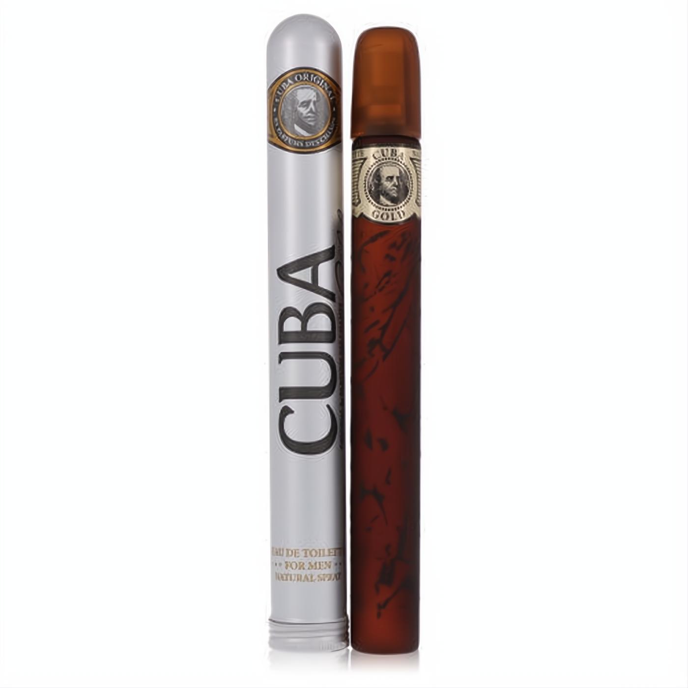 Bold Cuba Gold men's Eau de Toilette spray in a unique brown cigar-shaped bottle, packaged in a sleek silver tin.