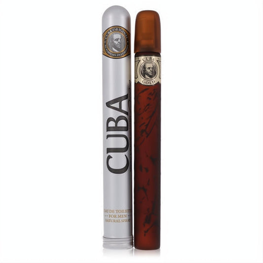 Bold Cuba Gold men's Eau de Toilette spray in a unique brown cigar-shaped bottle, packaged in a sleek silver tin.