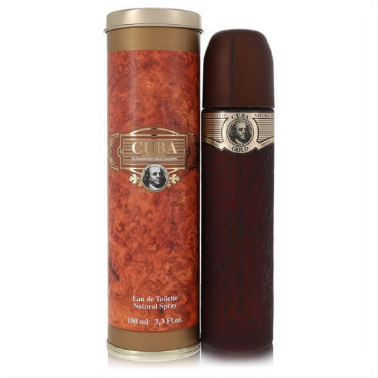 Experience Cuba Gold 3.3 fl.oz. EDT spray. Masculine dark brown cigar bottle, gold label, and elegant wood-grain tube.