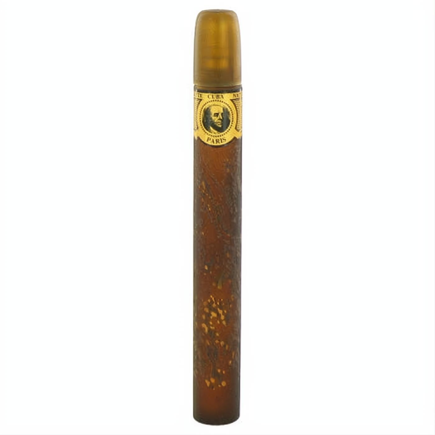 Distinctive Cuba Gold men's fragrance bottle, styled like a brown cigar with a golden cap and elegant gold-toned label.