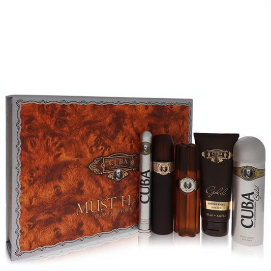 Luxurious Cuba Gold men's fragrance gift set. Elegant wood-grain box, 5 distinct bottles: silver, amber, and black sprays, plus shower gel.