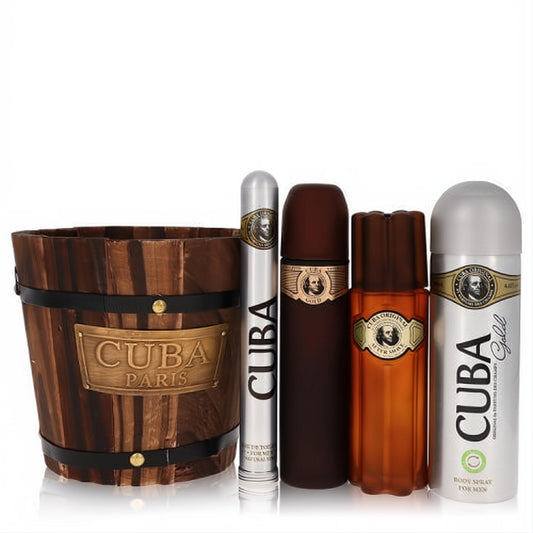 Cuba Gold men's fragrance gift set: rustic wooden barrel, silver cigar EDT, dark brown spray, amber after shave, and silver body spray.
