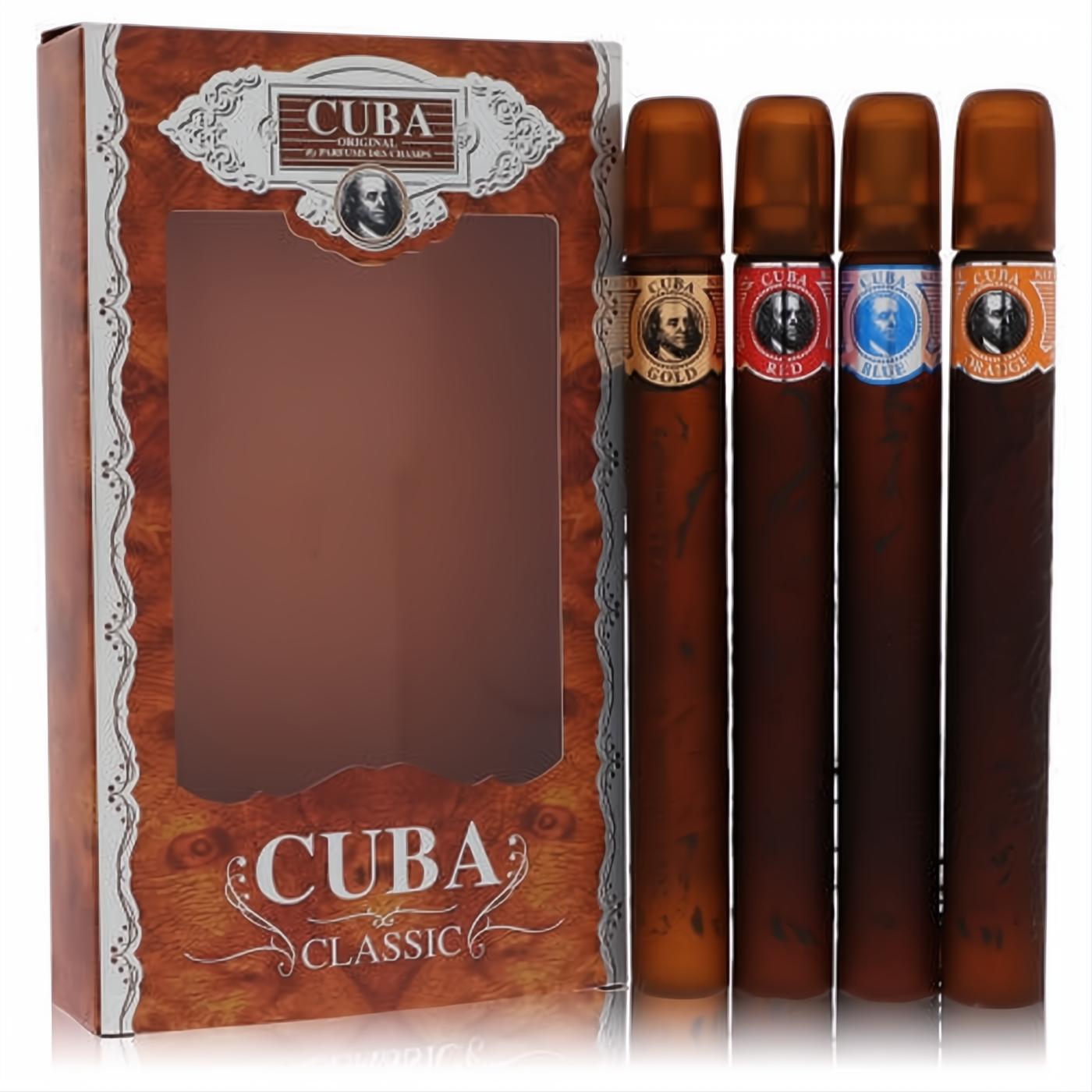 Cuba Variety men's cologne gift set: four distinct cigar-shaped fragrances in Gold, Red, Blue, Orange, classic wood-grain box.