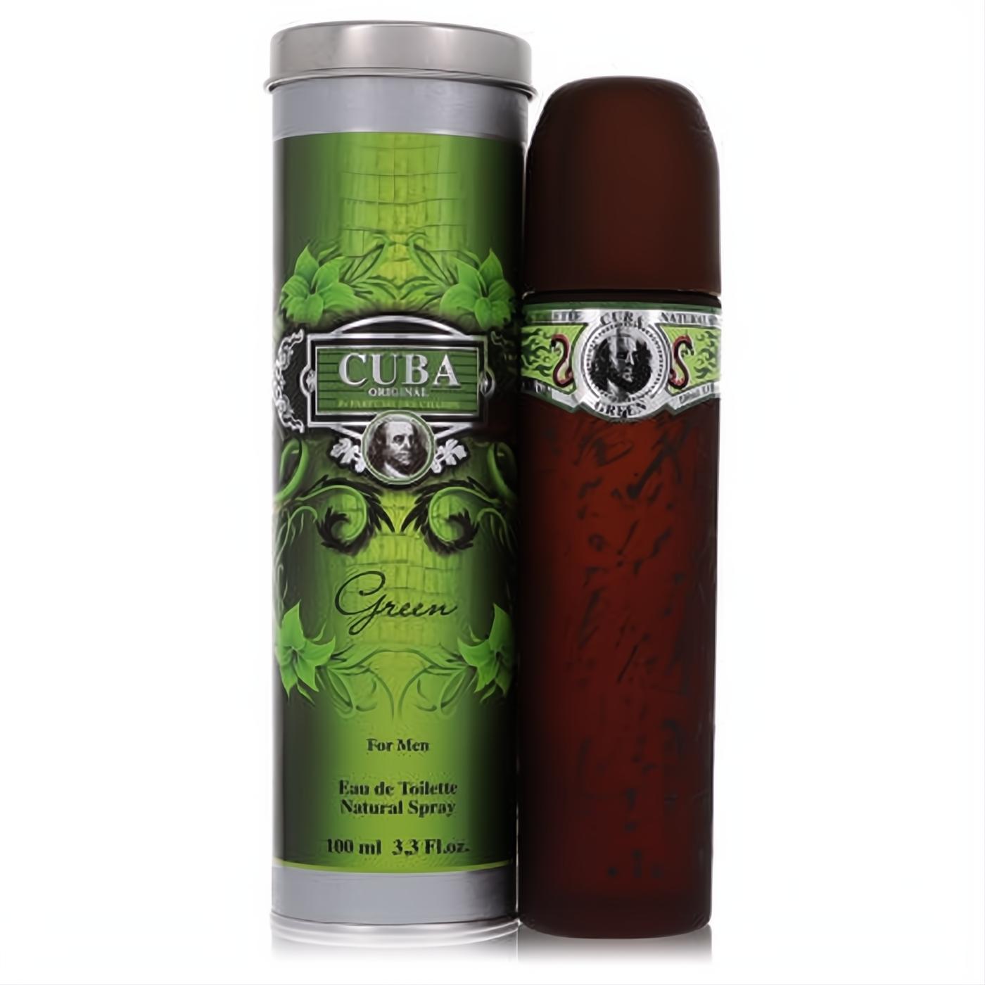 Bold Cuba Green men's 3.4 oz Eau de Toilette. Cigar-inspired brown spray bottle and striking green crocodile-textured tin.