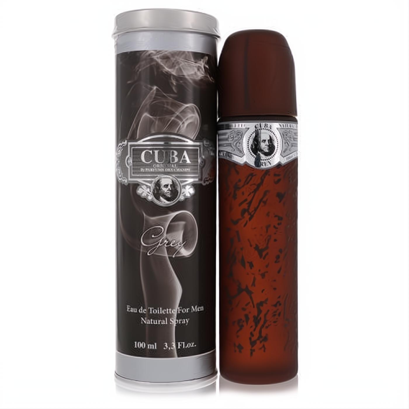 Cuba Grey men's 3.3 oz EDT. Distinctive cigar-shaped brown bottle, textured, with a sleek silver can featuring a smoky design.